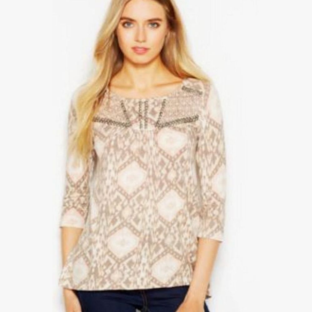Lucky Brand Damen Diamond Ikat Top Embellished Geometric Linen Cotton L